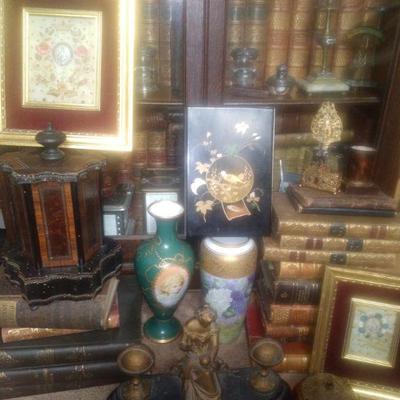 Antique spinner needpionts on silk framed , jeweled vanity items. Antique inkwells limoges Bavaria ++++++