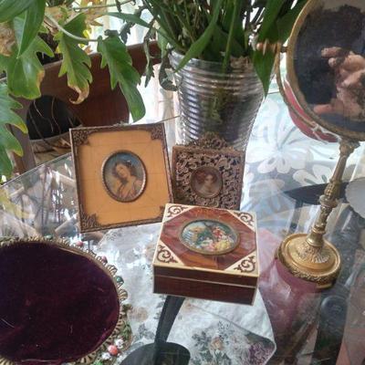 Antique signed miniature painting and various vanity items