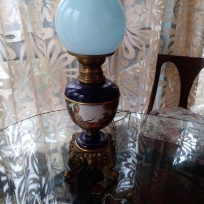 French hand painted pottery gwtw lamp antique bronze base