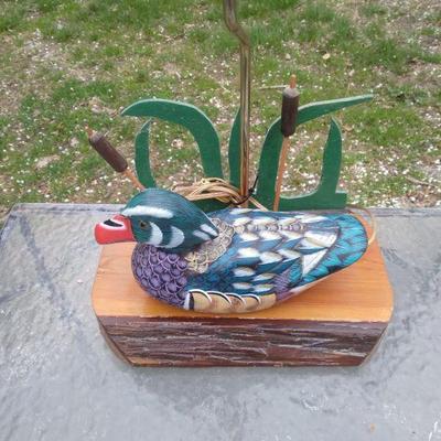 Hand painted carved wood duck w base