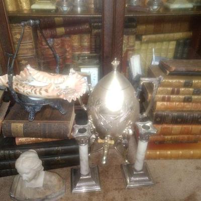 Antique books silver brides basket marble bust marble candlesticks