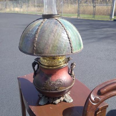Antique brass and copper working gwtw lamp w leaded glass shade