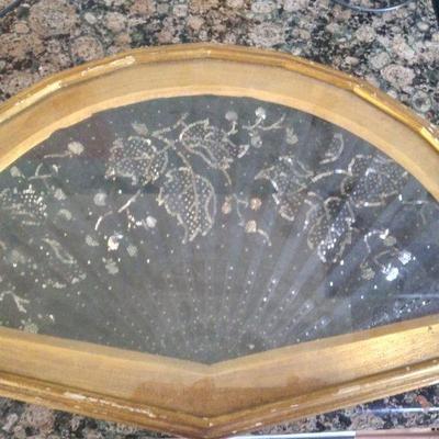Antique framed victorian mourning fan in florentine frame