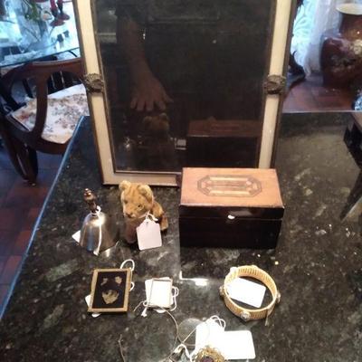Many vintage small antique items that were displayed in showcase frame marquetry box etc