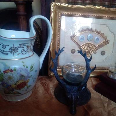 Paris porcalian framed plaques pitchers stag inkwell books and various salts