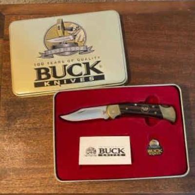 https://ctbids.com/estate-sale/34797/item/3902178/Buck-Ranger-100th-Anniversary-Knife-1902-2002-In-Collector-s-Tin-w-Hat-Pin