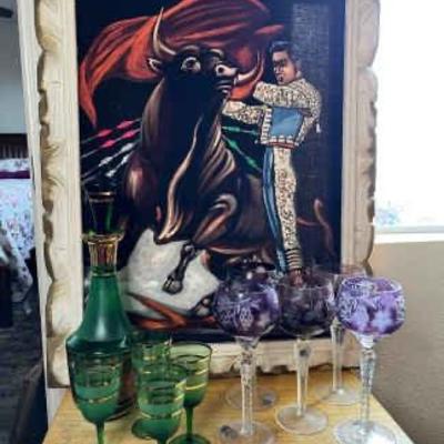 https://ctbids.com/estate-sale/34797/item/3908402/Gorgeous-Cut-Colored-Crystal-Glasses-Decanter-Black-Velvet-Painting