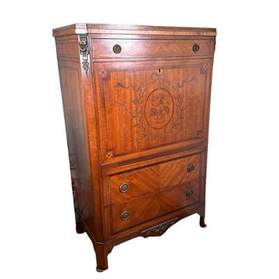 French Style Secretary Dresser | Louis XVI style inlaid secretaire a'abattant dresser with inlaid floral motif, having a top drawer...