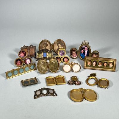 BRASS MULTI-PICTURE FRAMES | Large lot of circular, rectangular, and oval-shaped multi-picture frames.

