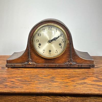 Enfield London Shelf Clock | Enfield Clock Co., London England, curved and beaded wood case, with clock keys. - h. 8.5 x w. 15.75 x d....