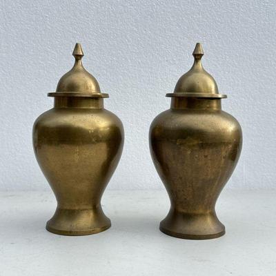 (2pc) Pair Brass Jars | A pair of lidded brass urns, each marked "Made in India" on the bottom. - h. 9.75 x dia. 2.5 in...