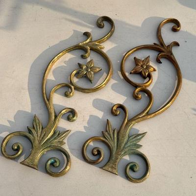 (2pc) Pair Brass Appliqués | Decorative scrollwork appliques. - h. 18.25 in

