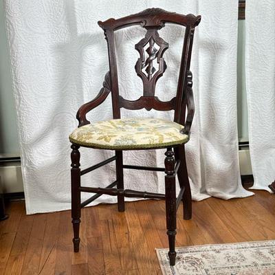 Carved Wood Needlepoint Chair | Antique Victorian Eastlake style side chair over a needlepoint seat. - h. 34 x w. 18.5 x d. 14.5 in

