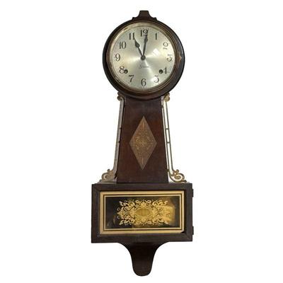 New Haven Calendar Regulator Wall Clock | Metal face with Arabic numerals signed "Sessions", with eagle finial (detached) - h....