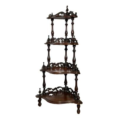 Corner Etagere | Carved scrollwork and spindle tiered etagere / corner shelf, having four shelves of graduated size. - h. 48.75 x w. 17 x...