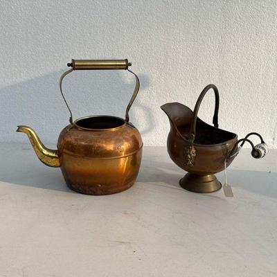 (2pc) Copper Teapot & Scuttle | Including a brass handled copper teapot and a small scuttle-form vessel with painted pottery handle....