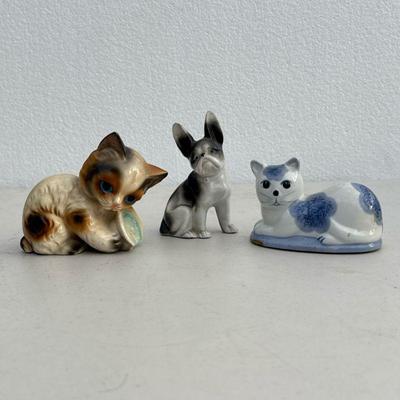 (3pc) Animal Figures | Glazed ceramic / porcelain figures, including two cats and a dog. - h. 3.75 x w. 4.5 x d. 2.5 in (Largest)

