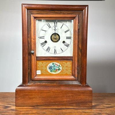 Seth Thomas Shelf Clock | Roman numeral markers with sub-dial of pressed brass, two keys, wooden case with painted floral design to door....