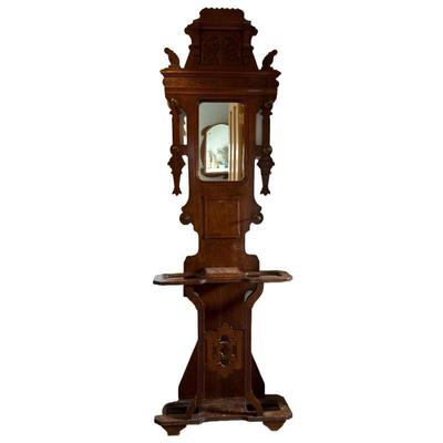 Marbletop Hall Tree | American Victorian carved wood hall stand with mirrored back and inset marble surface. - h. 86 x w. 28 x d. 10 in

