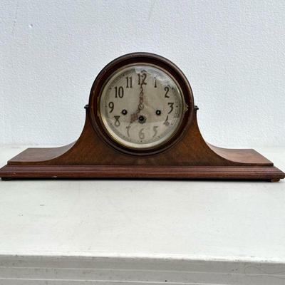 Seth Thomas Mantle Clock | Electric Seth Thomas wooden mantel clock, metal face with Arabic numerals. - h. 10 x w. 22.5 x d. 7 in

