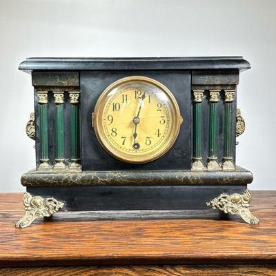 Sessions Mantle Clock | Sessions Wood Mantle clock with Arabic numeral markers, with faux painted marble, applied metal decorations. - h....