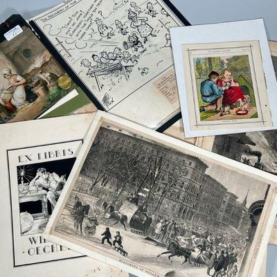 ANTIQUE ETCHINGS, POLITICAL CARTOONS & OTHER | Mixed lot of antique etchings, lithographs, prints, political cartoons, Harpers Weekly...