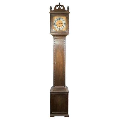 COLONIAL MFG GRANDMOTHER'S CLOCK | Colonial Mfg Co., Zeeland Michigan, solid mahogany case, the engraved metal face with Arabic...