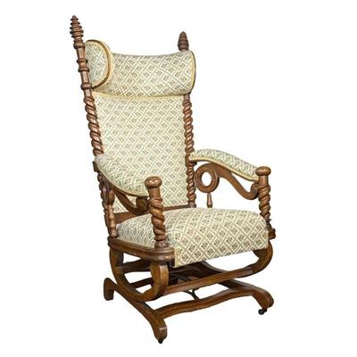 Barley Twist Rocking Chair | Carved oak George Hunzinger-style rocker, Victorian era platform rocking chair with newer upholstery. - h....