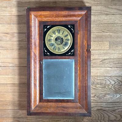 Chauncey Jerome Shelf Clock | With wire pulley system apparent from the top, brass face with Roman numeral markers, the door with...