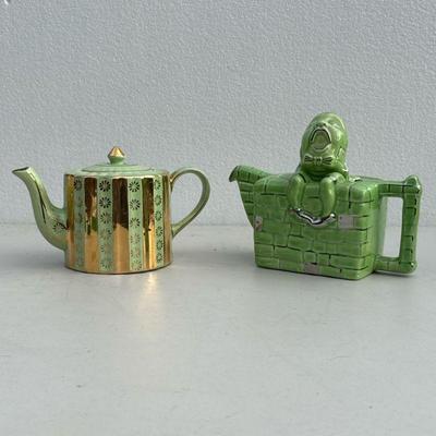 (2pc) English Porcelain Teapots | Including a green and gilt Price Bros. teapot made in England with impressed stamp mark...