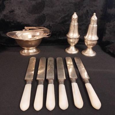 DS012 - Sterling Silver Salt and Pepper, Basket Dish and 1834 Pearl Flatware Knives