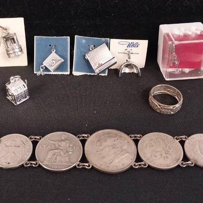 JP022 - Early 20th Century Coin Bracelet, Sterling Charms and Ring