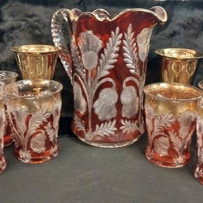 DS007 - Red Cut Crystal Thistle Pattern Pitcher and Glasses