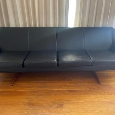 Mid-Century Modern Black Leather Sofa with Teak Arms