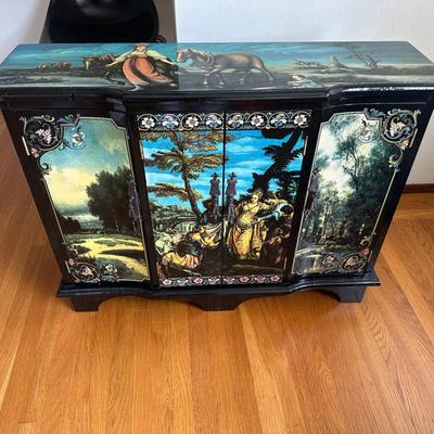 Hand-Painted Black Lacquer Cabinet with Scenic Artwork & Ornate Detailing