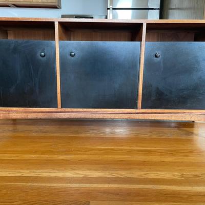 Mid-Century Modern Wooden Console Cabinet with Black Sliding Doors