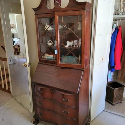 gorgeous walnut and mahogany chippendale style secretary, display cabinet, serpentine front