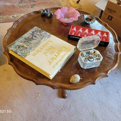 vintage walnut coffee table, Currier and ives book