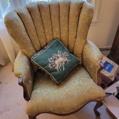 vintage upholstered boudoir chair gold fabric
