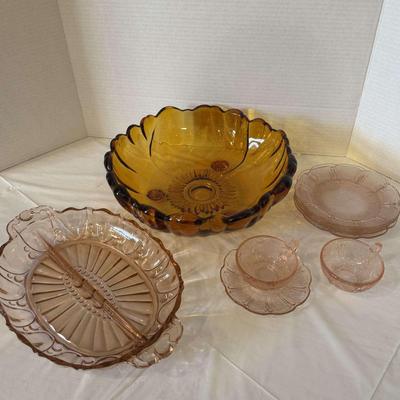 Pink Depression Glass and Amber Bowl