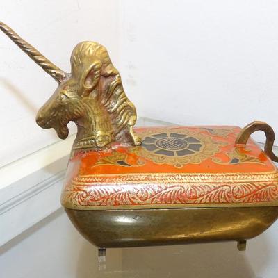 Unicorn Goat Brass Trinket Box 