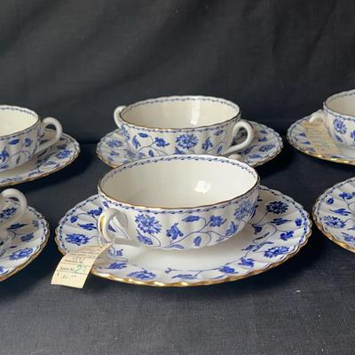 Spode Blue Colonel China Bouillon Cups & Saucers