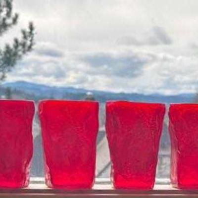 Ruby Red Morgantown Seneca Crinkle Driftwood Mid Century Glasses
