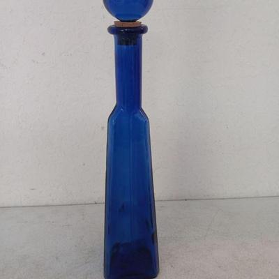 Vintage Triangular Cobalt Blue Glass Decanter with Ball Stopper - 17" Tall