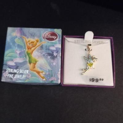 Vintage Disney Tinker Bell Sterling Pendant on 18" Spring Ring Clasp Chain - TW 2.9g