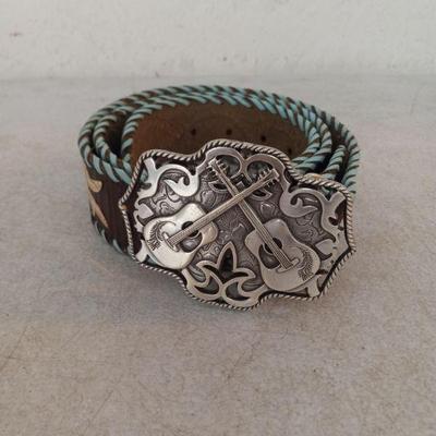 Vintage Enmon Hand Made Genuine Leather Belt & Belt Buckle - Guitar Theme - Size L