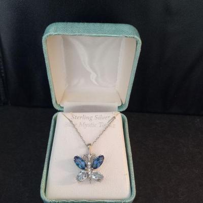 Vintage Sterling & Mystic Blue Topaz Butterfly Pendant on 18" Spring Ring Clasp Chain - TW 3.0g