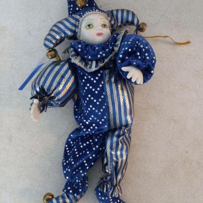 Vintage 1980s Harlequin Porcelain Doll - Blue/Silver - 18"