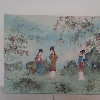 Signed Vintage Very Large Oriental Stretched Canvas Print - 48" x 36"