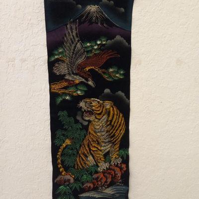 Vintage MCM Japanese Hand Painted on Black Velvet Scroll - Mount Fuji with Tiger - 8½" x 34"